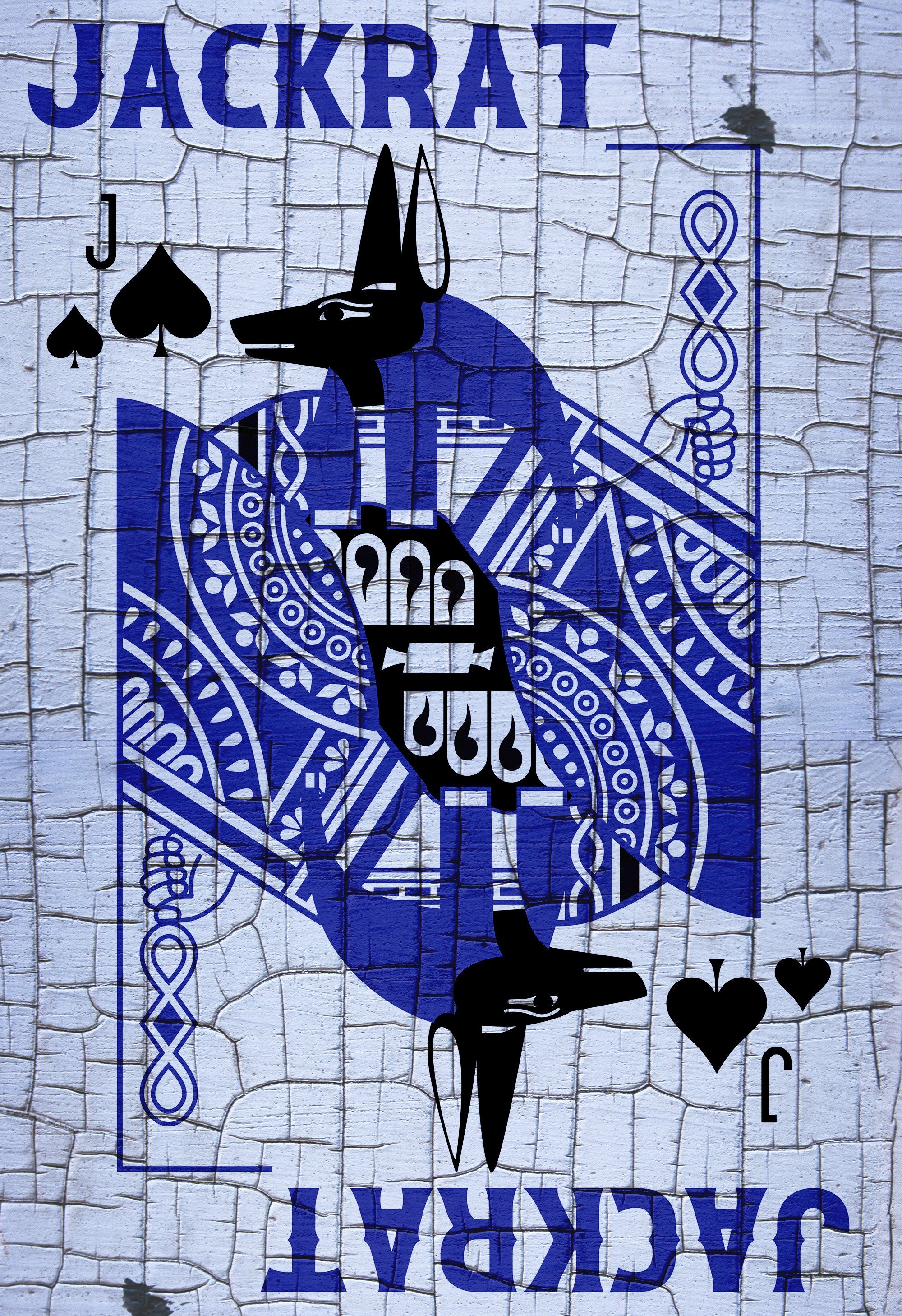 Artwork of a jackal playing cards, designed like a playing card with the title 'JACKRAT' at the top and bottom, featuring intricate blue and black patterns and symbols