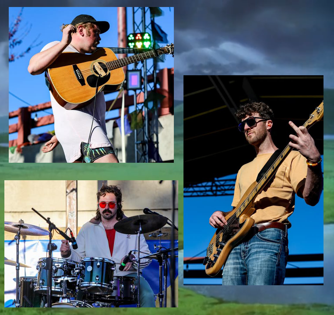 Three musicians performing outdoors during daytime. On the top left, a young man with curly hair wearing sunglasses, a cap, a white T-shirt, and patterned shorts is playing an acoustic guitar on stage. On the right, a man with dark hair, sunglasses, and a beard, dressed in a beige T-shirt and blue jeans, is playing an electric bass guitar under a tent. On the bottom left, a drummer with long hair and red sunglasses, wearing a white and red jacket, is playing a drum set.
