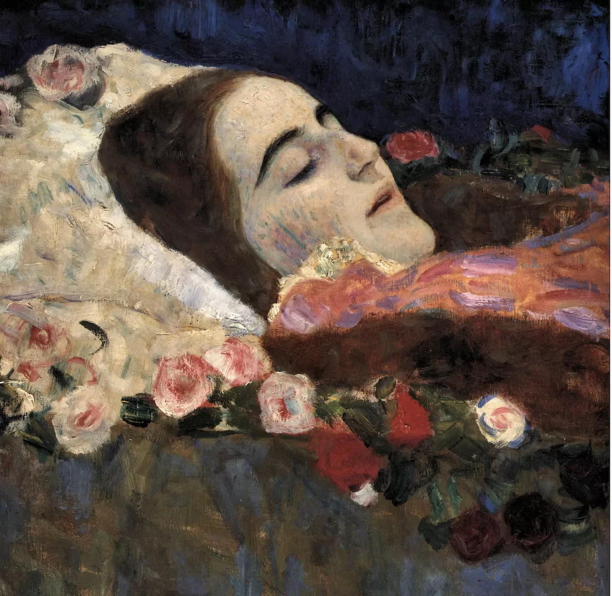 Ria Munk on her Deathbed by Gustav Klimt. A painting of a cloxe up of a woman's face who is laying down in bed surrounded by roses.