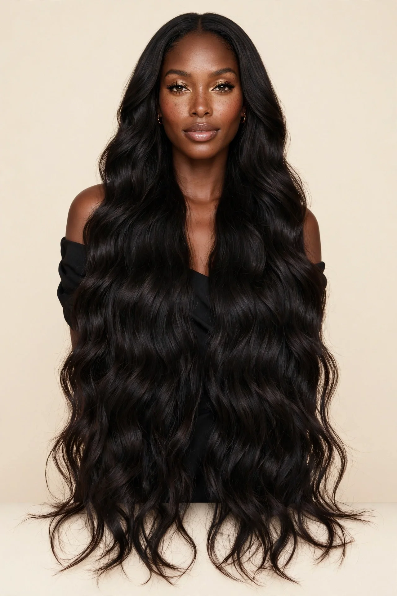 Model wearing long, loose wavy Luxe hair extensions, full and flowing, on a clean cream background