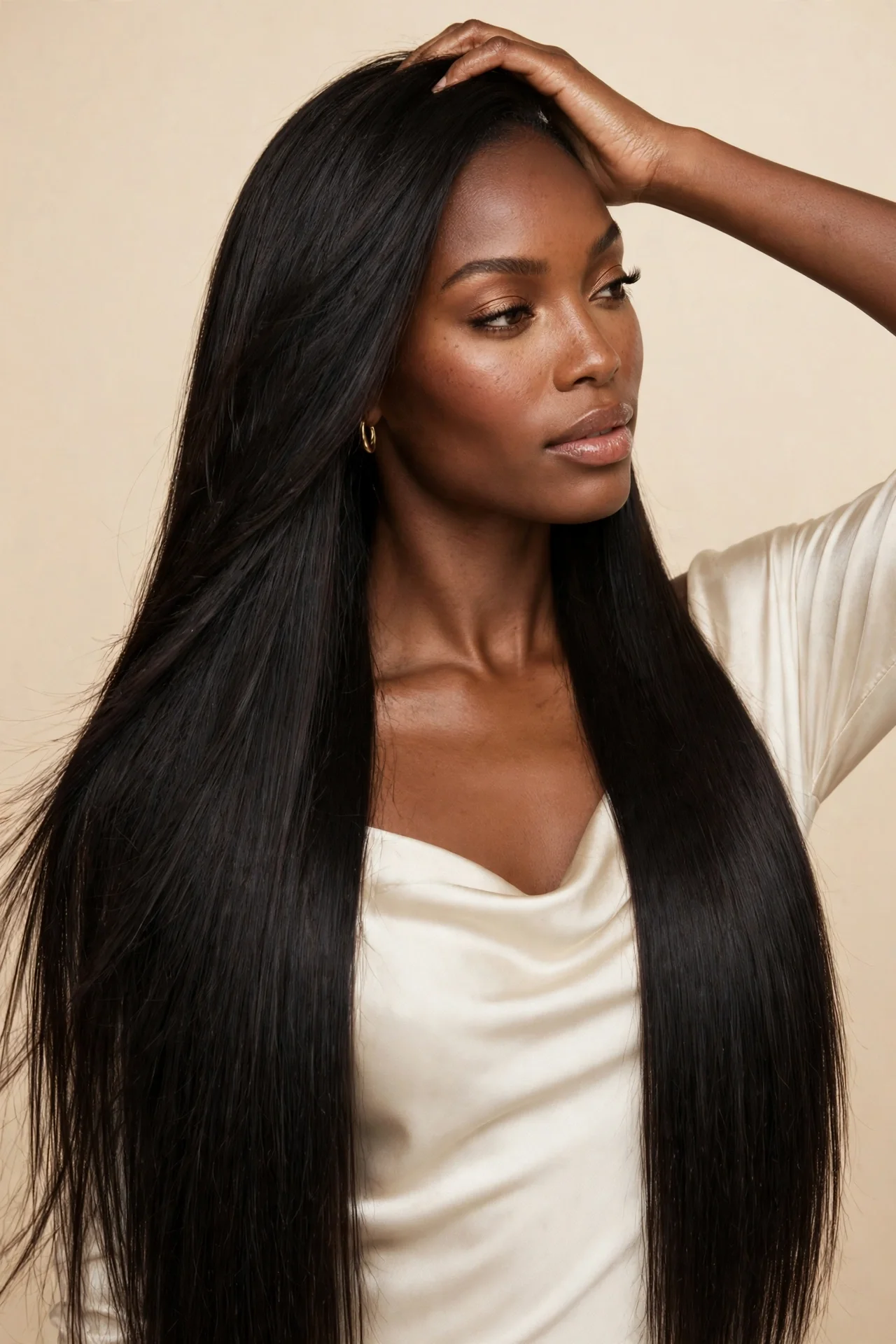 Model wearing sleek straight virgin hair extensions