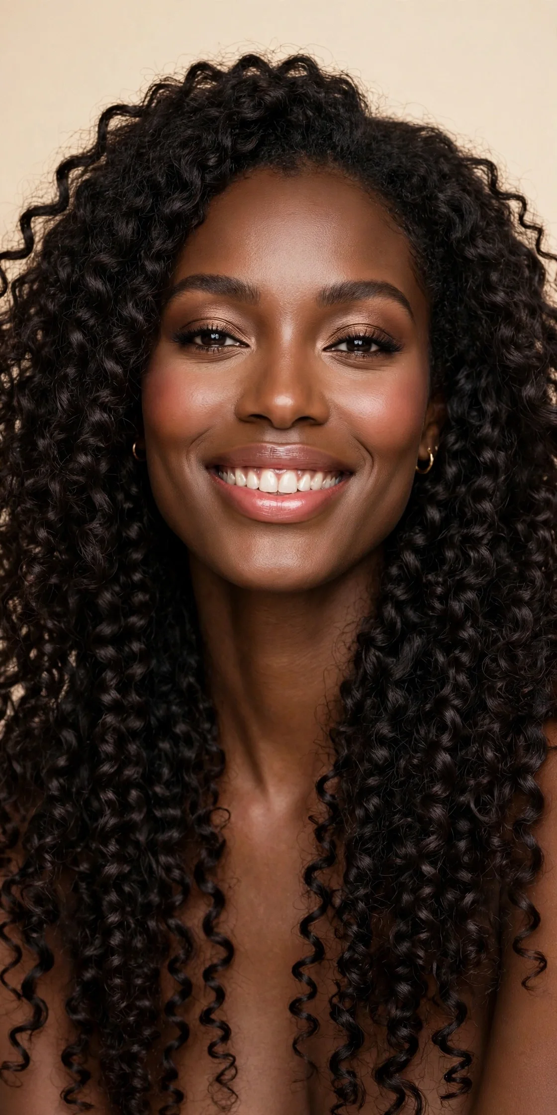 Model wearing long tight curl hair extensions with defined, natural spirals