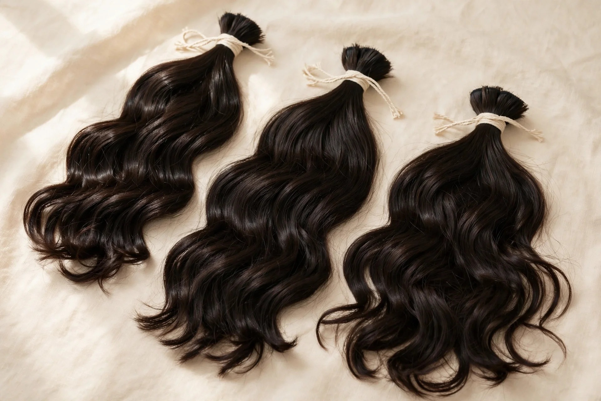 Three raw hair bundles in a loose wavy texture, tied at the weft and laid out on cream fabric