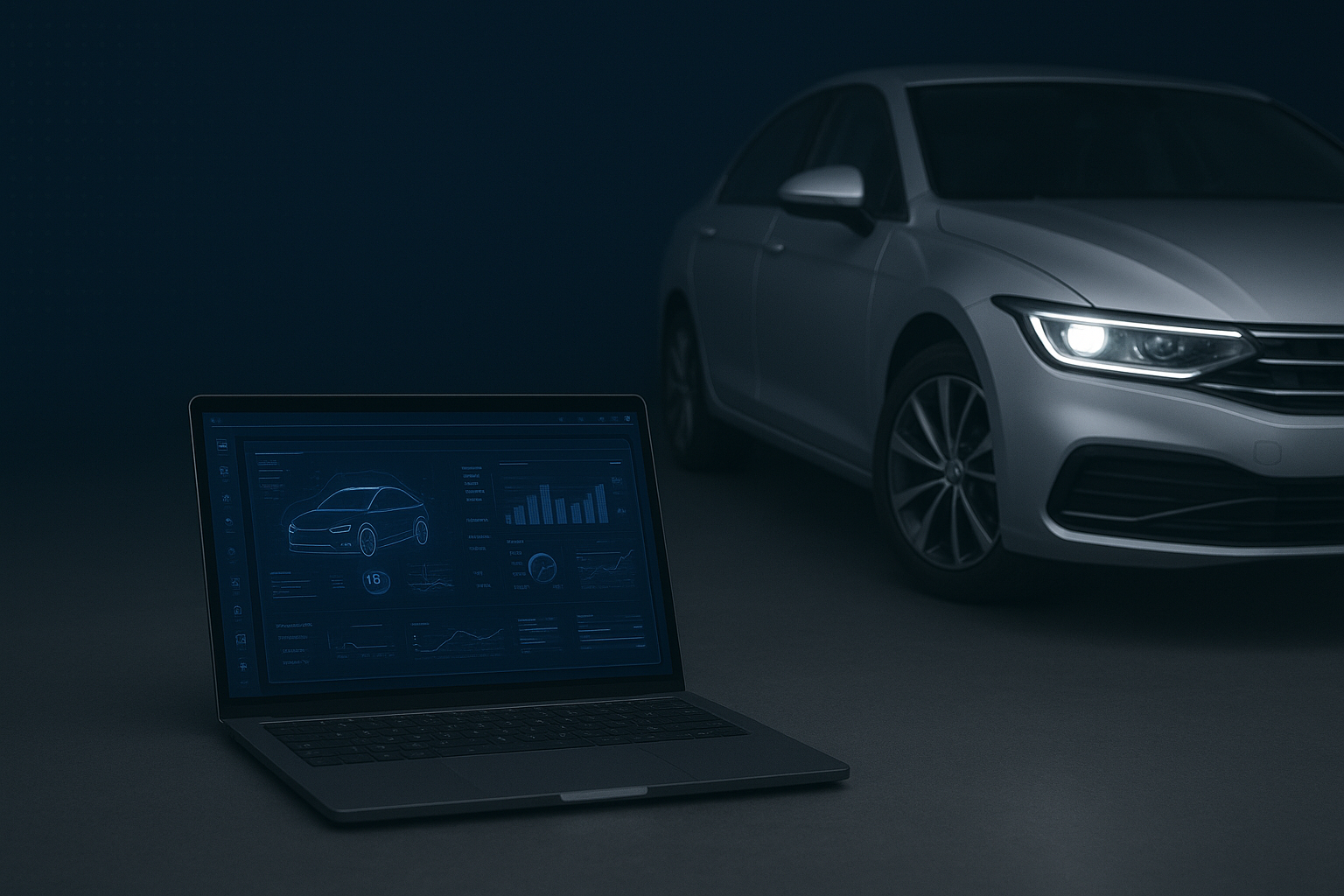 A laptop showing car analytics with a grey sedan in the background, in a dark setting.