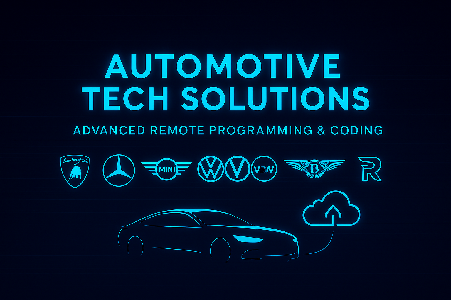 Neon sign advertising automotive tech solutions with logos of Lamborghini, Mercedes-Benz, Mini, Volkswagen, VW, Bentley, and R, along with a car outline and cloud upload icon.