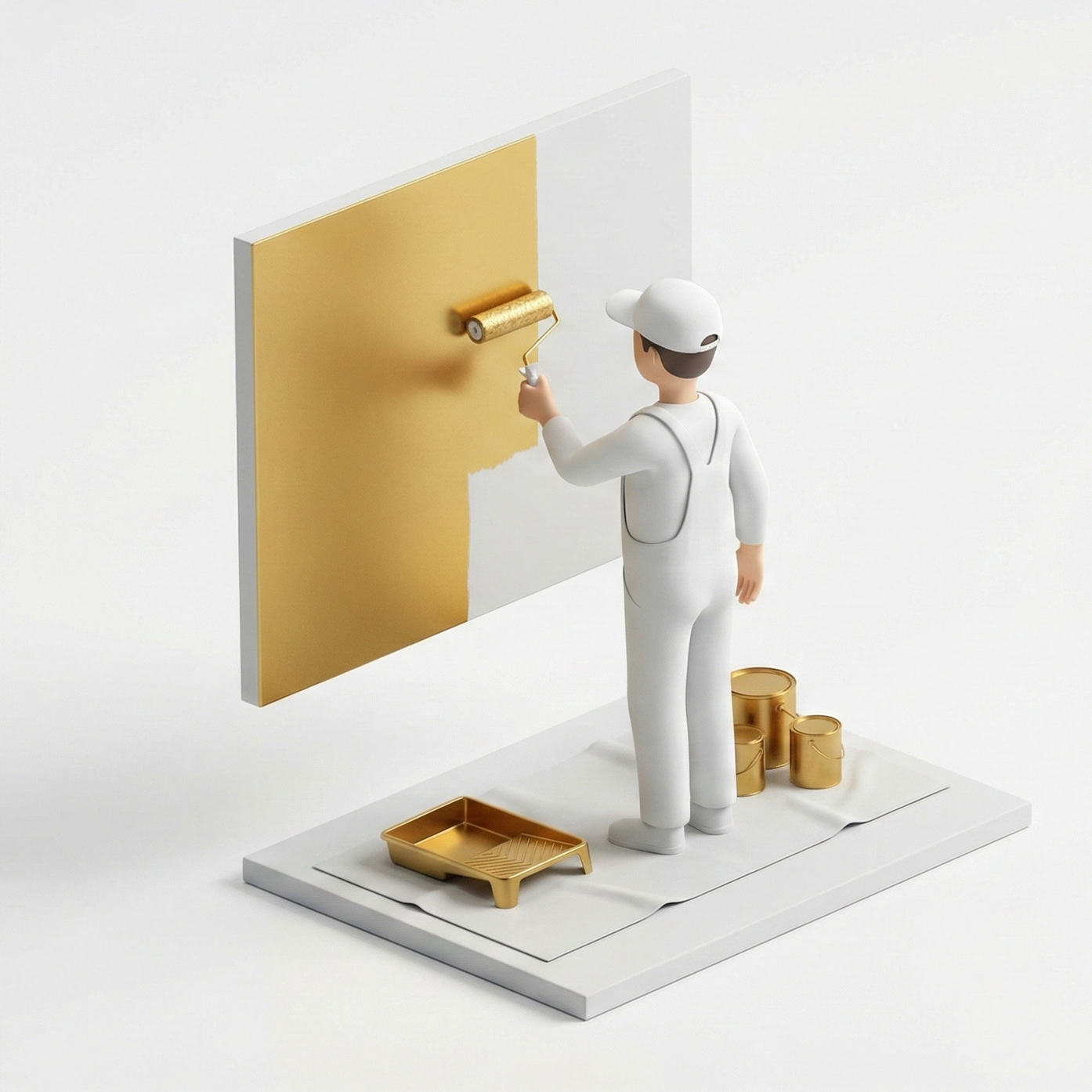 A cartoon figure of a person in white clothing and a white cap painting a wall with gold paint using a paint roller. The person is standing on a platform with gold paint cans and a paint tray nearby.