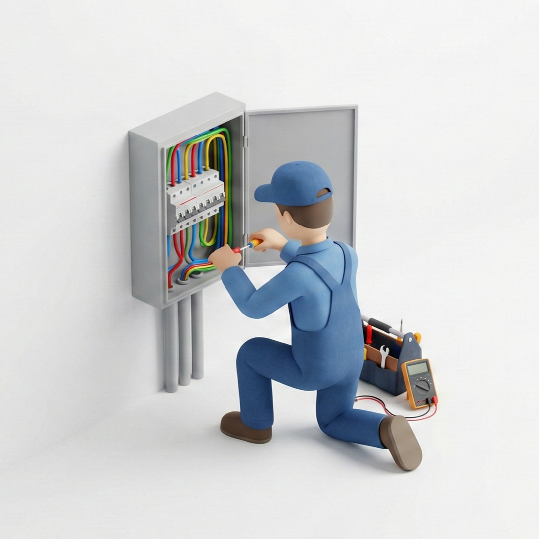 Kneeling electrician working on an electrical panel with multicolored wires, surrounded by tools and a multimeter.
