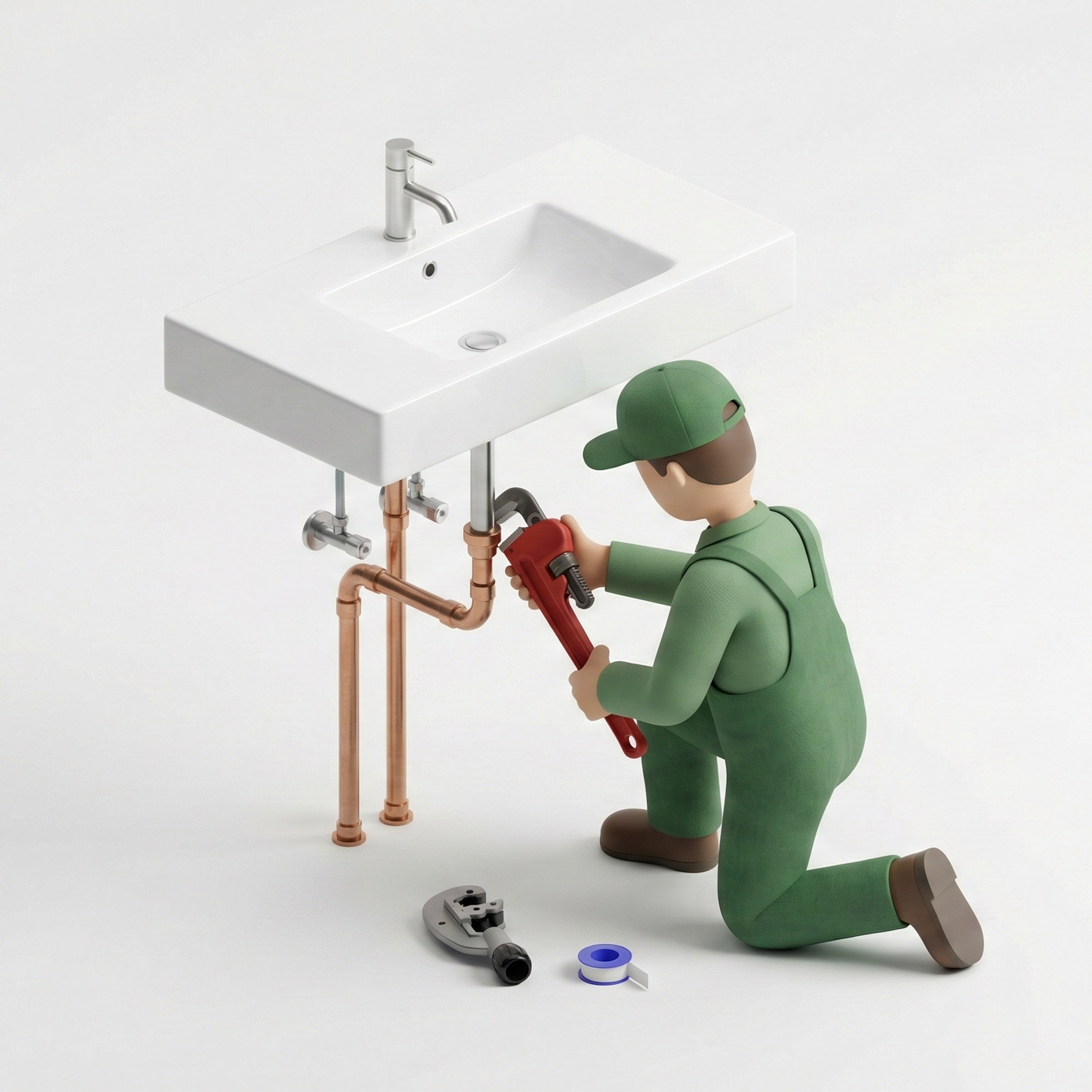 A cartoon figure of a plumber kneeling and repairing pipes under a sink with a wrench.