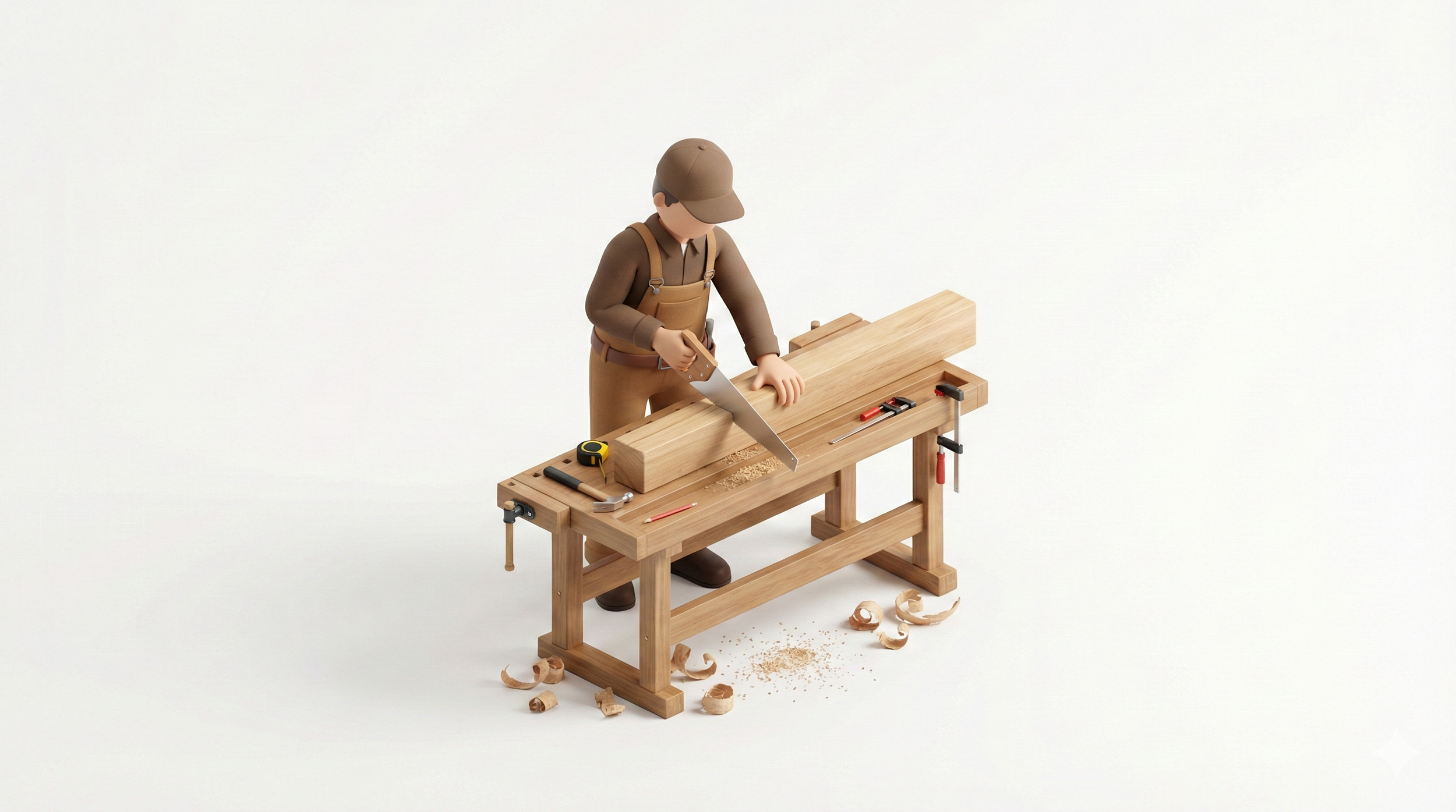 A miniature figurine of a woodworker cutting a piece of wood on a workbench, surrounded by woodworking tools and wood shavings.