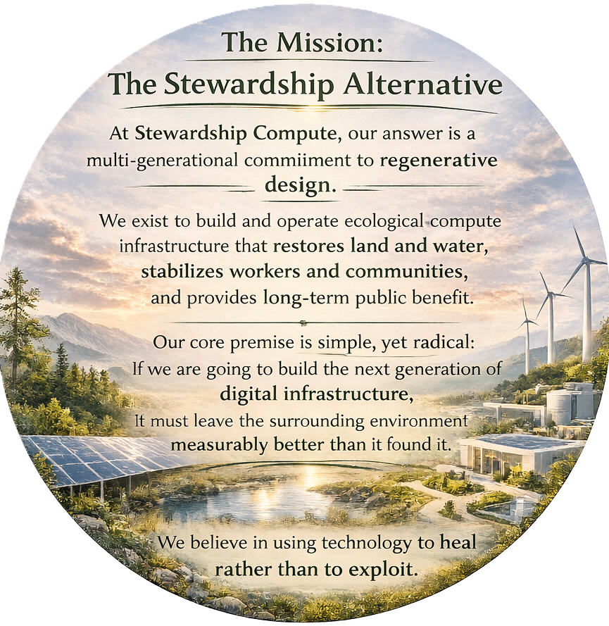 A circular infographic with a scenic background of mountains, wind turbines, solar panels, and a river under a cloudy sky. It highlights a mission for ecological, regenerative, and digital infrastructure, emphasizing environmental healing and sustainable technology usage.