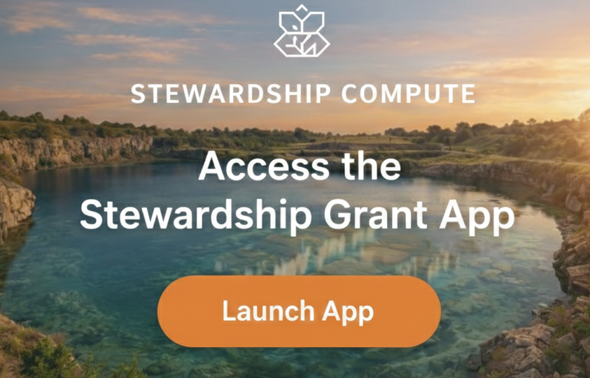 Splash screen promoting the Stewardship Compute app with a lake and rocky landscape at sunrise, featuring a logo at the top and a 'Launch App' button.