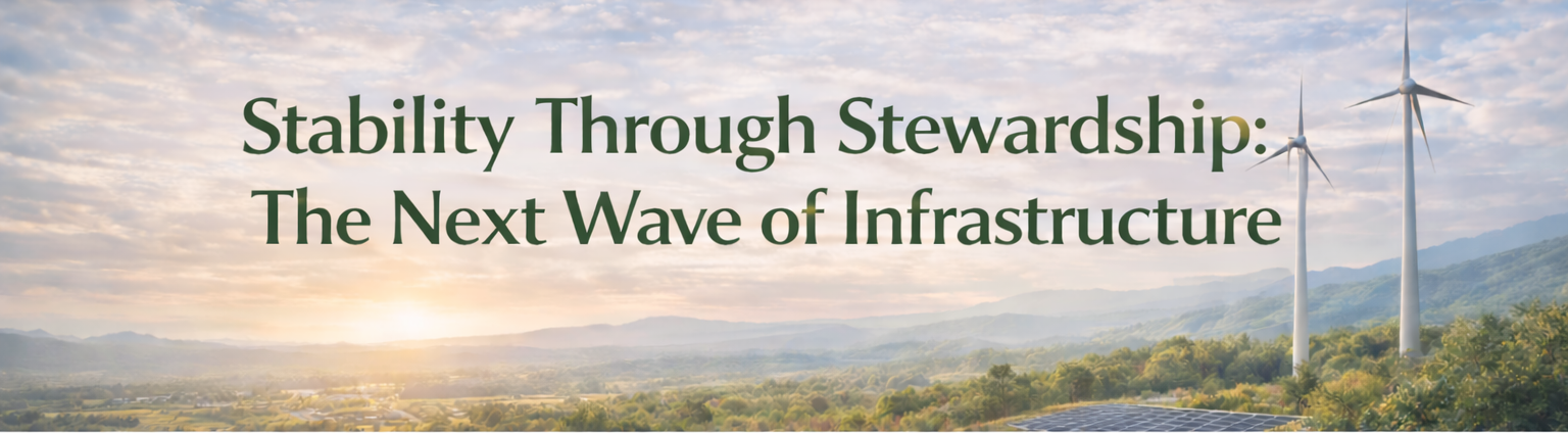 Sunrise over a landscape with wind turbines and solar panels, under a partly cloudy sky, with the text "Stability Through Stewardship: The Next Wave of Infrastructure".