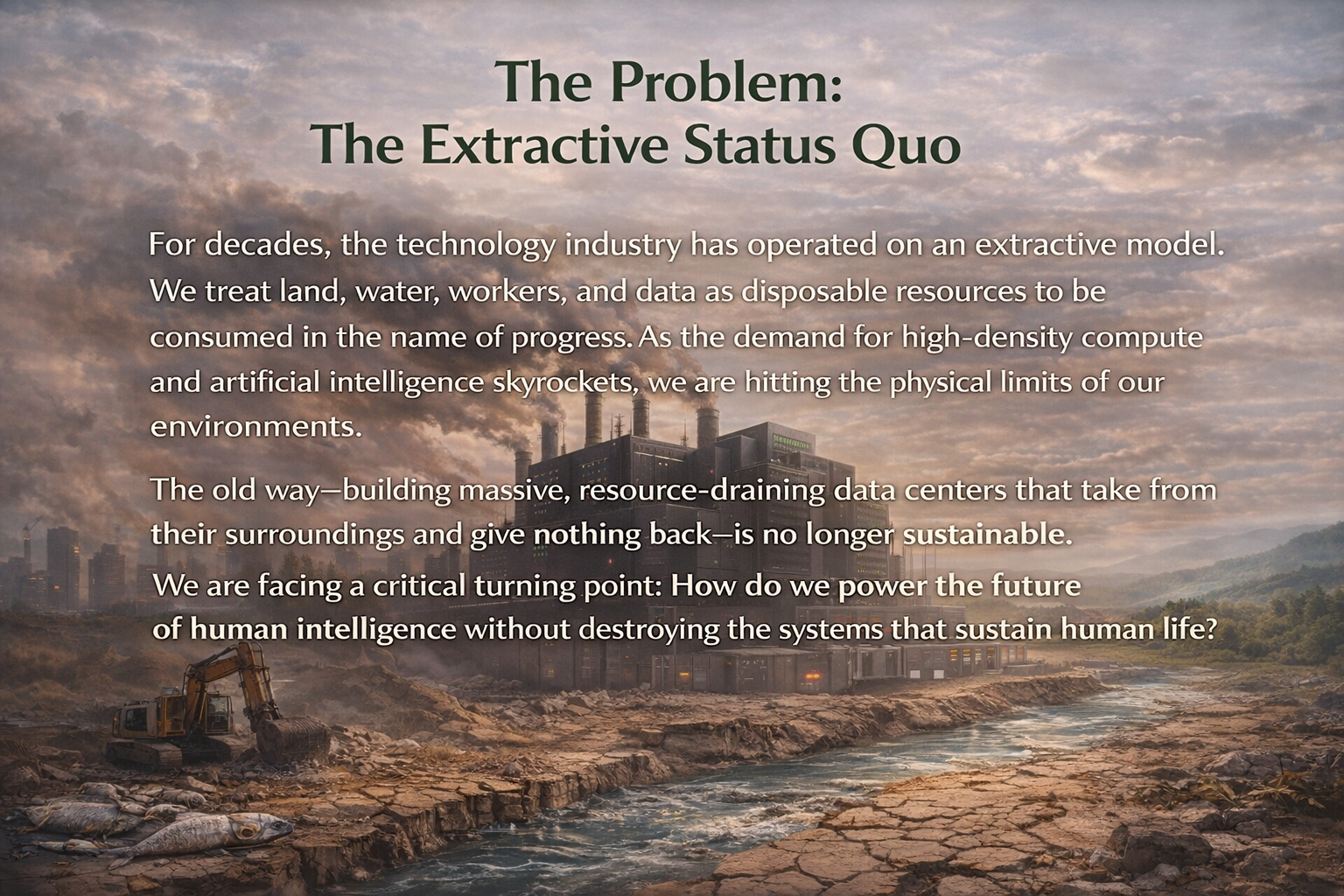 Text overlay on a polluted industrial landscape with a factory and a river. The text discusses the extractive model of the technology industry, resource depletion, and the need for sustainable solutions.