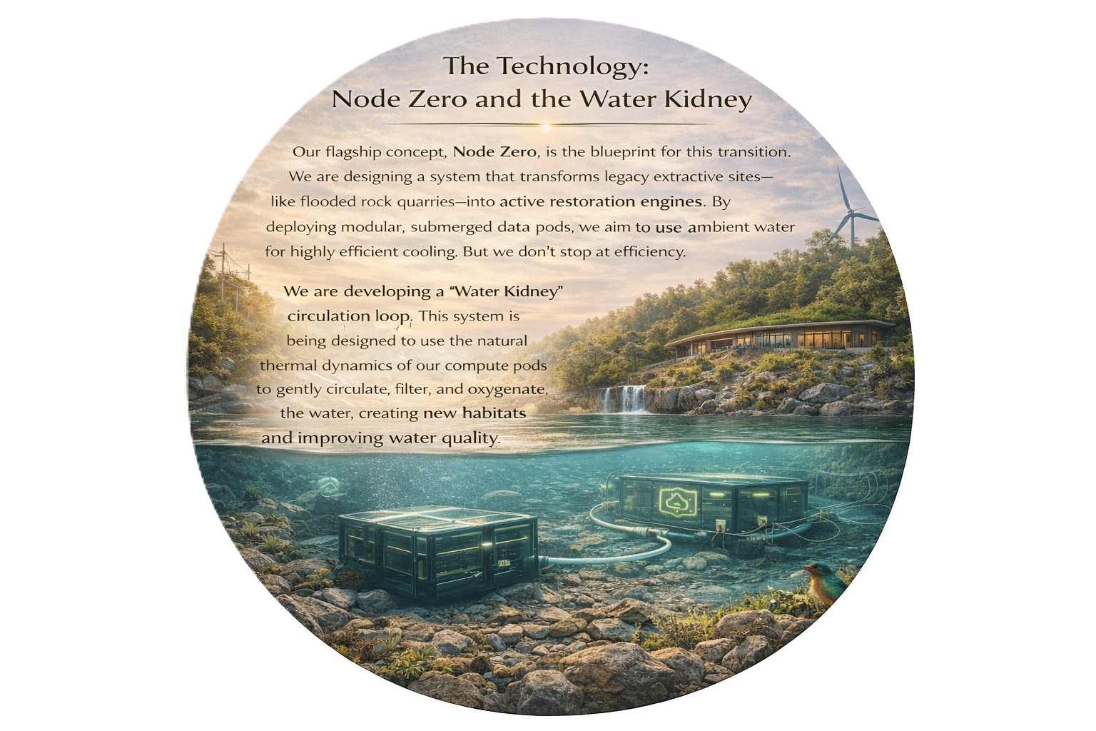 A diagram featuring a river with water modules submerged beneath the water surface and a building on the riverbank, illustrating water technology and water circulation concepts with text explaining Node Zero and Water Kidney systems for environmental restoration.
