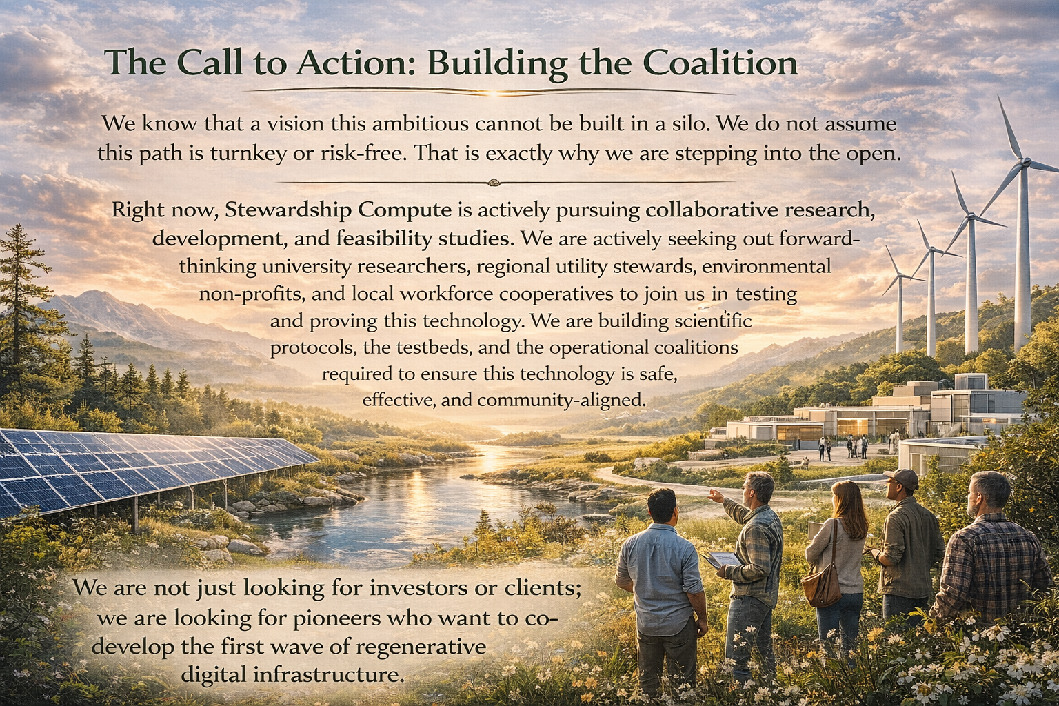 A scenic landscape with wind turbines, solar panels, a river, mountains, and a group of people in discussion, overlaid with text about building a coalition for renewable energy and research.