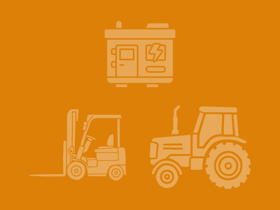 Illustration of forklift and tractor on an orange background.