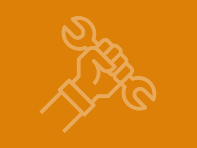 Outlined illustration of a hand holding a wrench against an orange background.