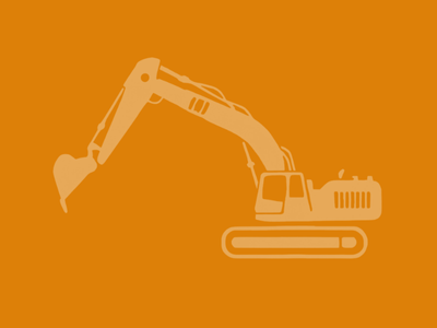 Silhouette of an excavator against an orange background.