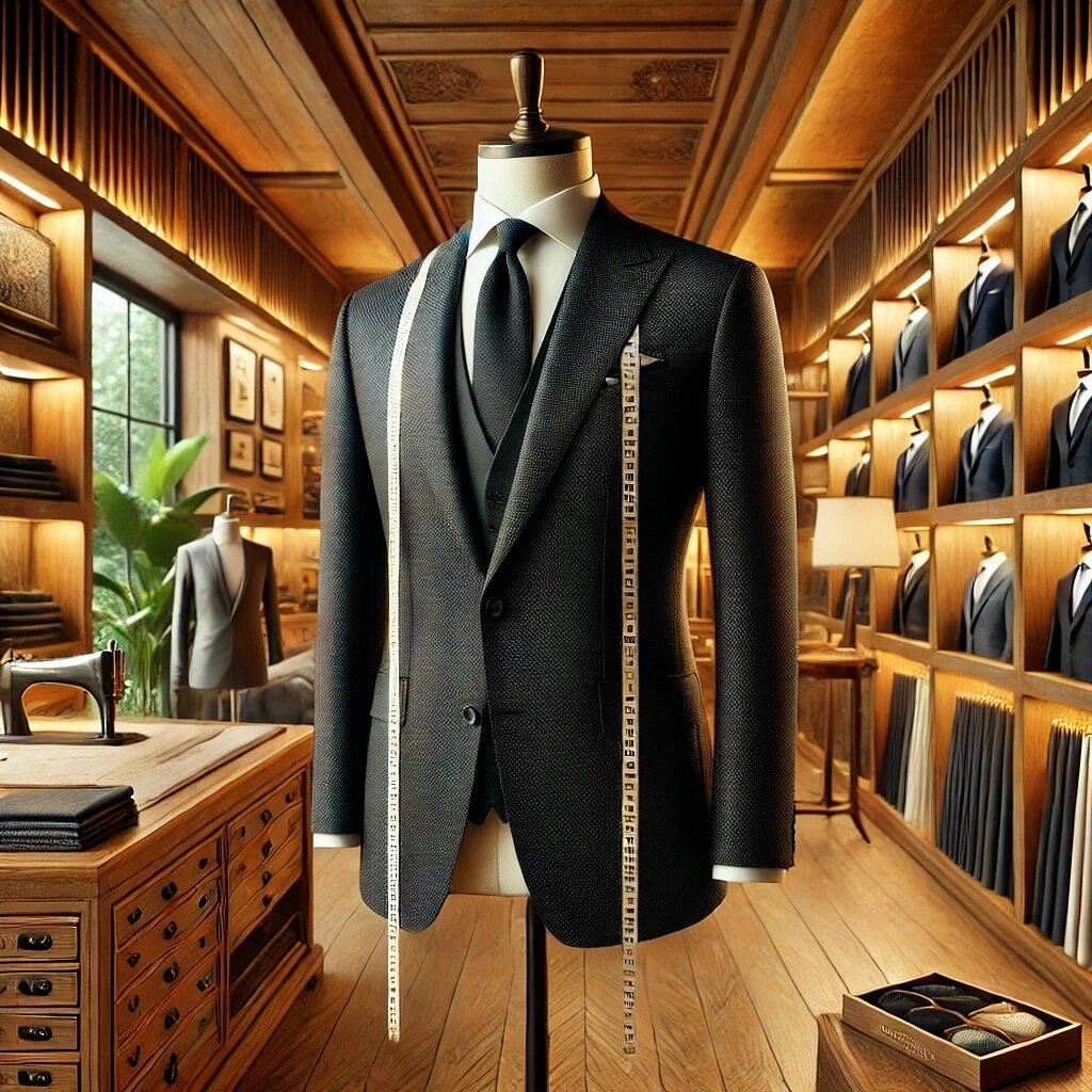 A mannequin dressed in a dark suit, white shirt, and tie, with measuring tape hanging around its neck, inside a tailor shop with wooden interior and shelves filled with suits.