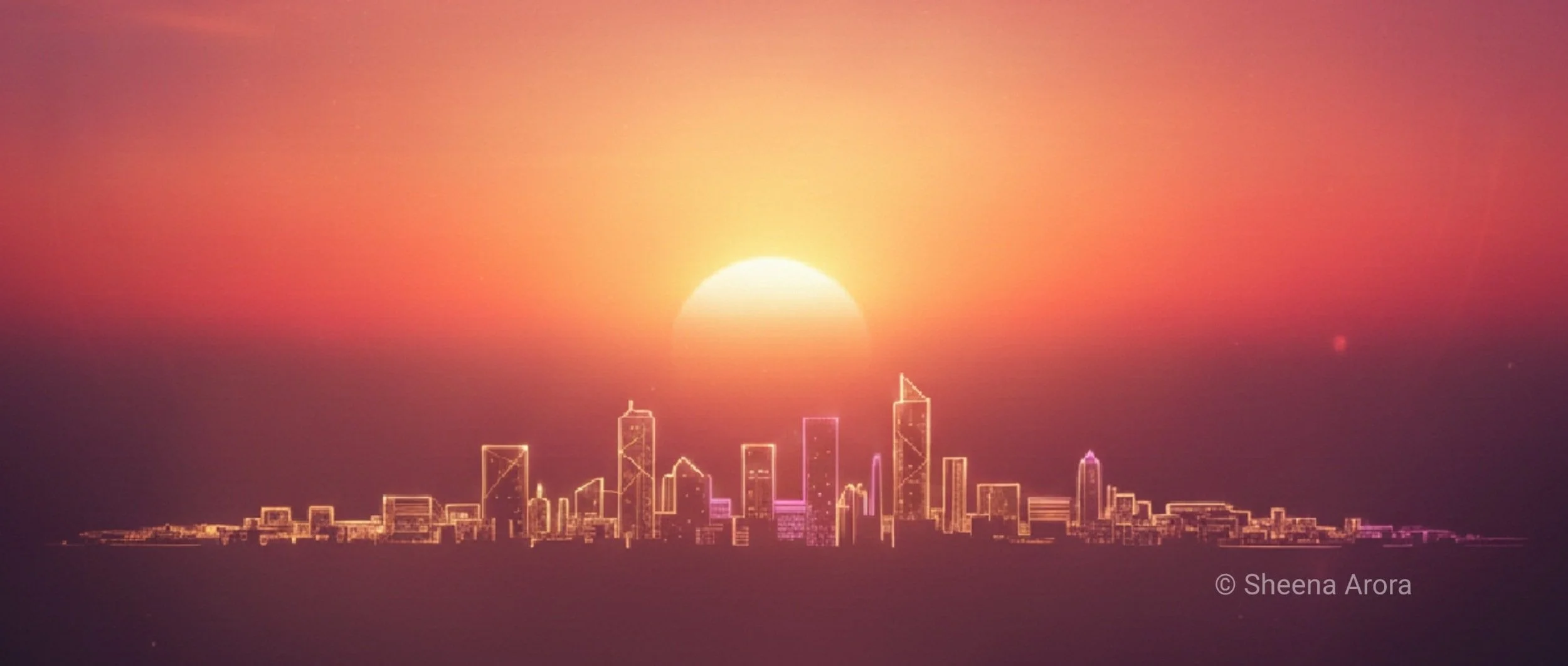 A digital skyline illustration under a sunset, symbolizing the global camaraderie of authors joining Sheena Arora’s virtual sessions from around the world.
