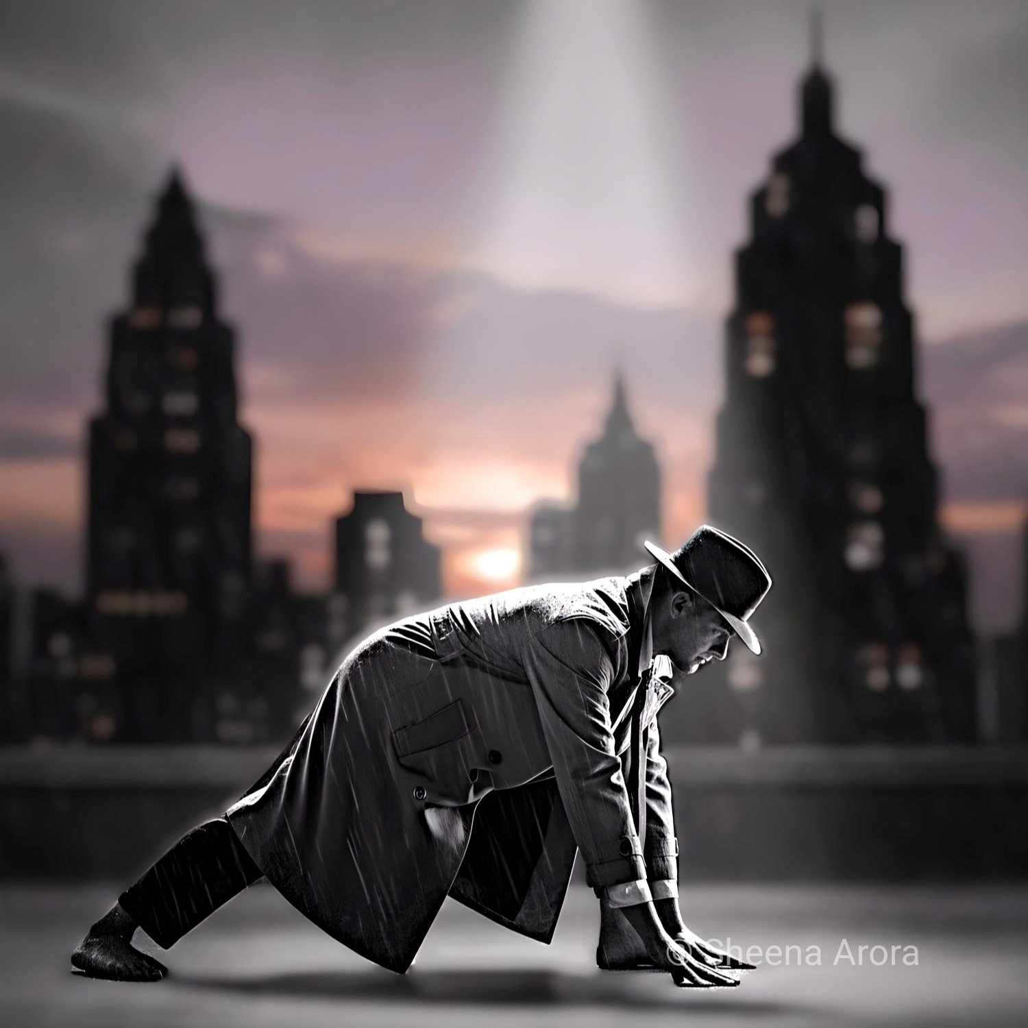 Noir detective in a trench coat and hat performing a downward dog yoga pose on a dark, rainy rooftop. This image represents the secret vulnerability and selective strength of the Medium-Boiled Detective genre.