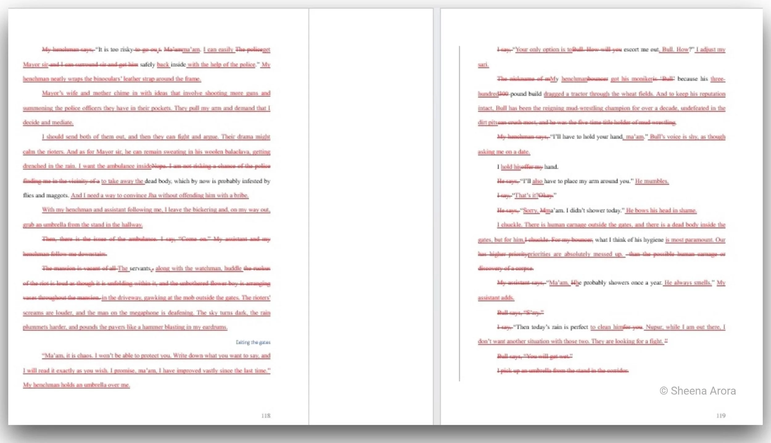 A clean grid of manuscript pages demonstrating an extensive digital text critique process, filled with meticulous track changes, comments, and line revisions.