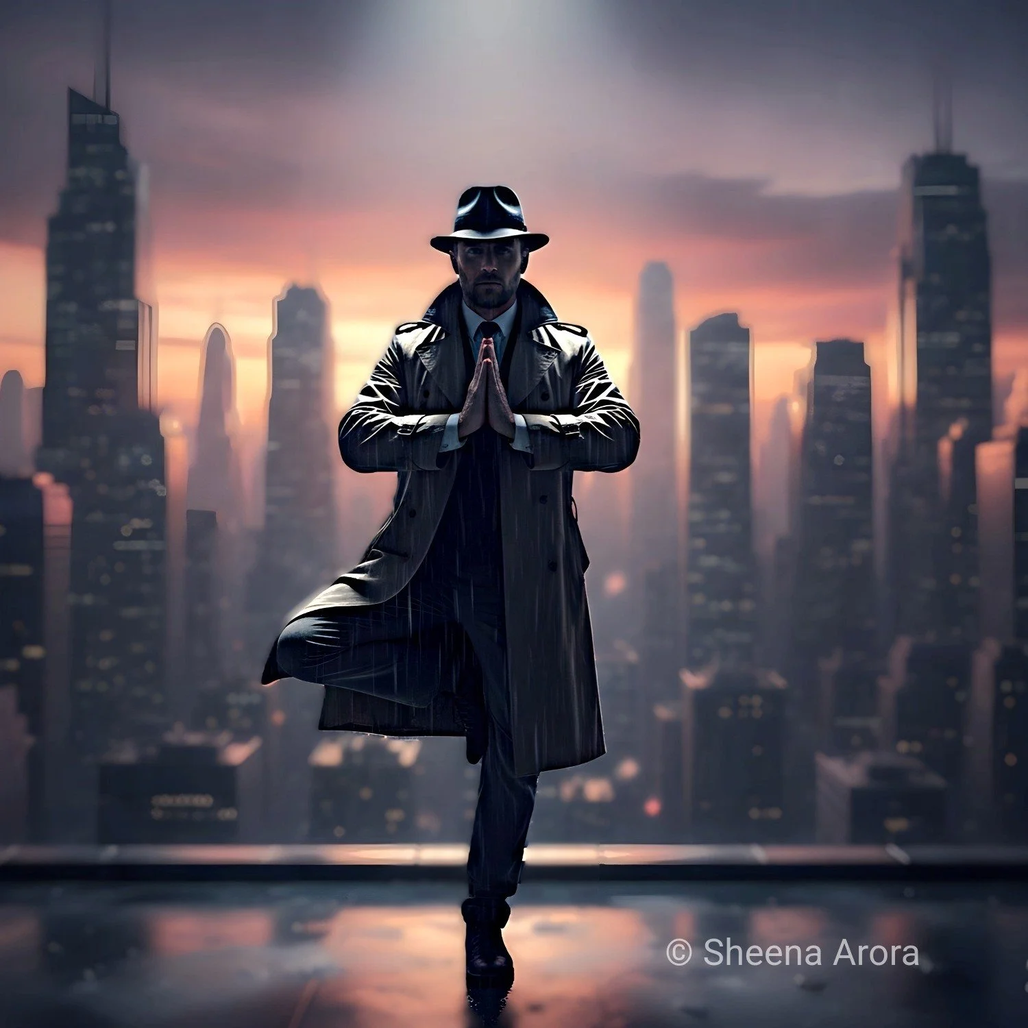 A noir-style Medium-Boiled Detective in a trench coat and fedora performing a yoga tree pose with hands in prayer on a rainy city rooftop. This visualizes Sheena Arora's concept of balancing grit with inner mindfulness.