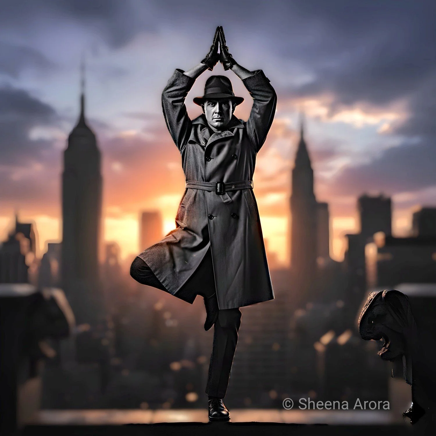 A detective in a grey trench coat practicing a variation of the yoga tree pose against a sunset New York City skyline. An illustration of the Medium-Boiled Detective archetype conceptualized by Sheena Arora.