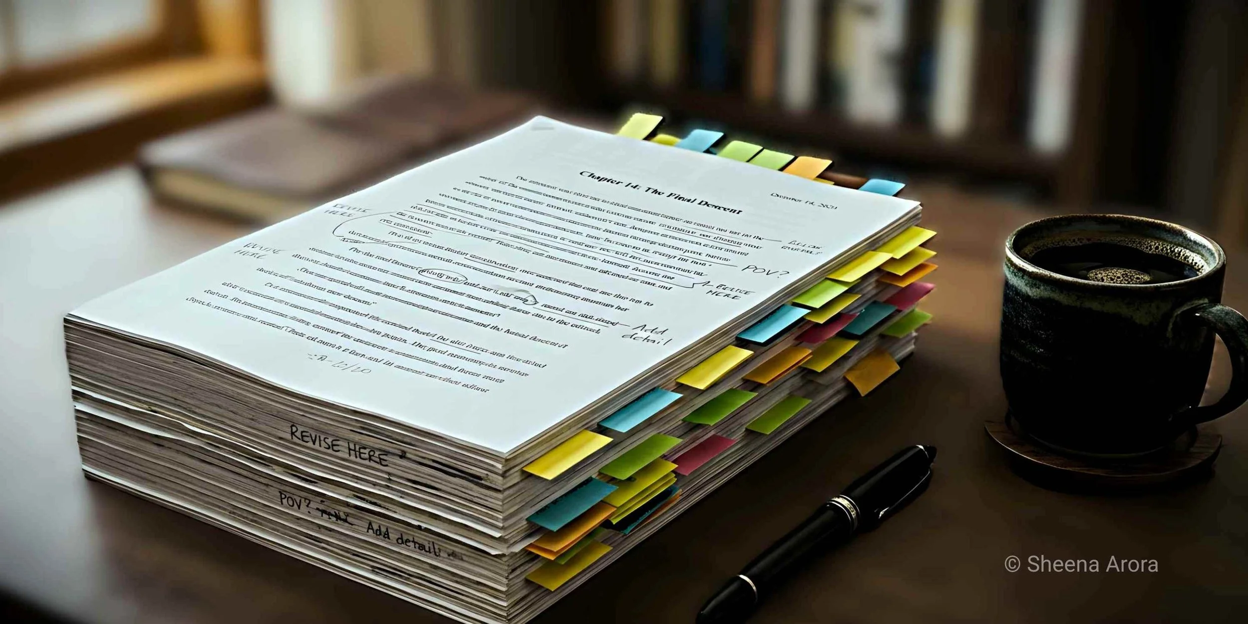 A thick stack of printed manuscript pages filled with colorful sticky notes and handwritten revision notes next to a cup of coffee. A visual of the rigorous developmental editing process championed by Sheena Arora's WRW critique group.