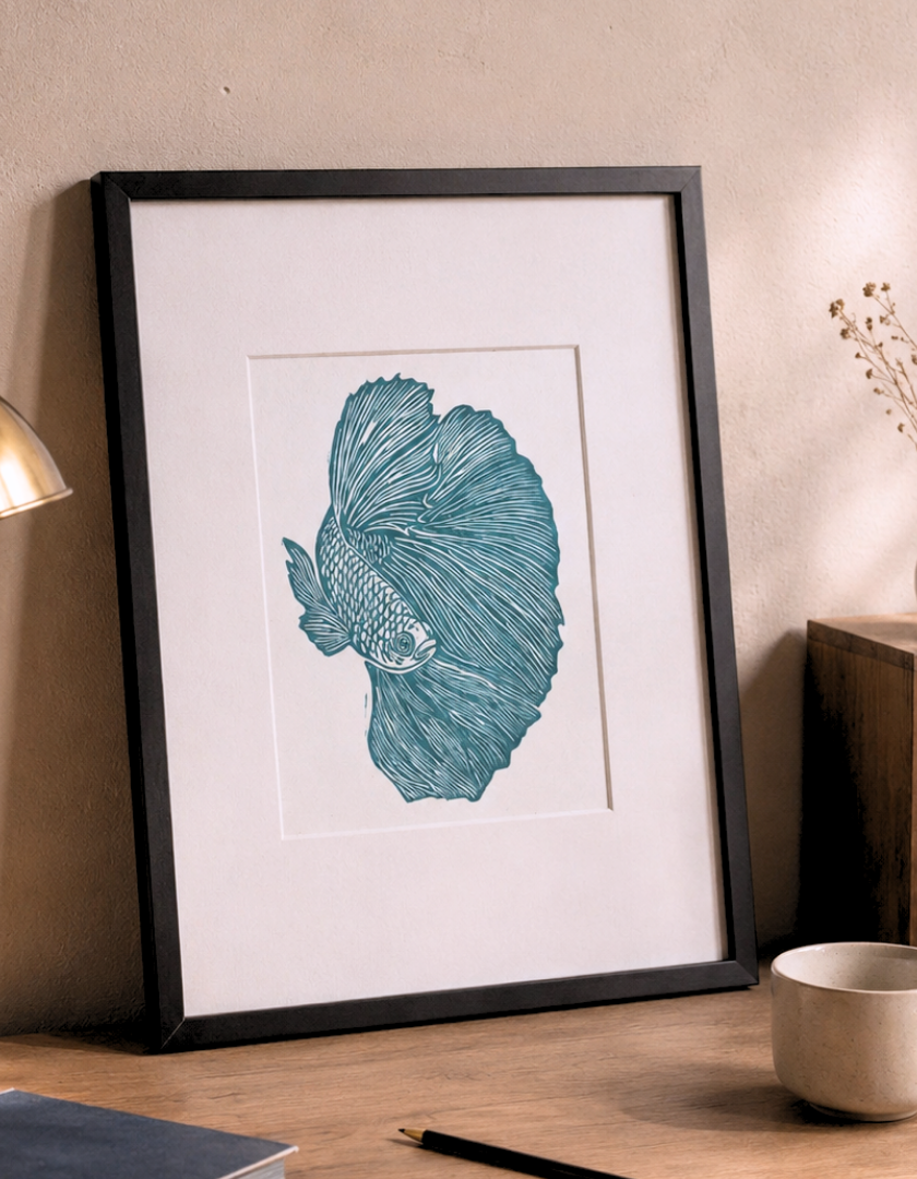 linogravure_aro_poisson_combattant_turquoise_estampes_de_minuit_encadree.png