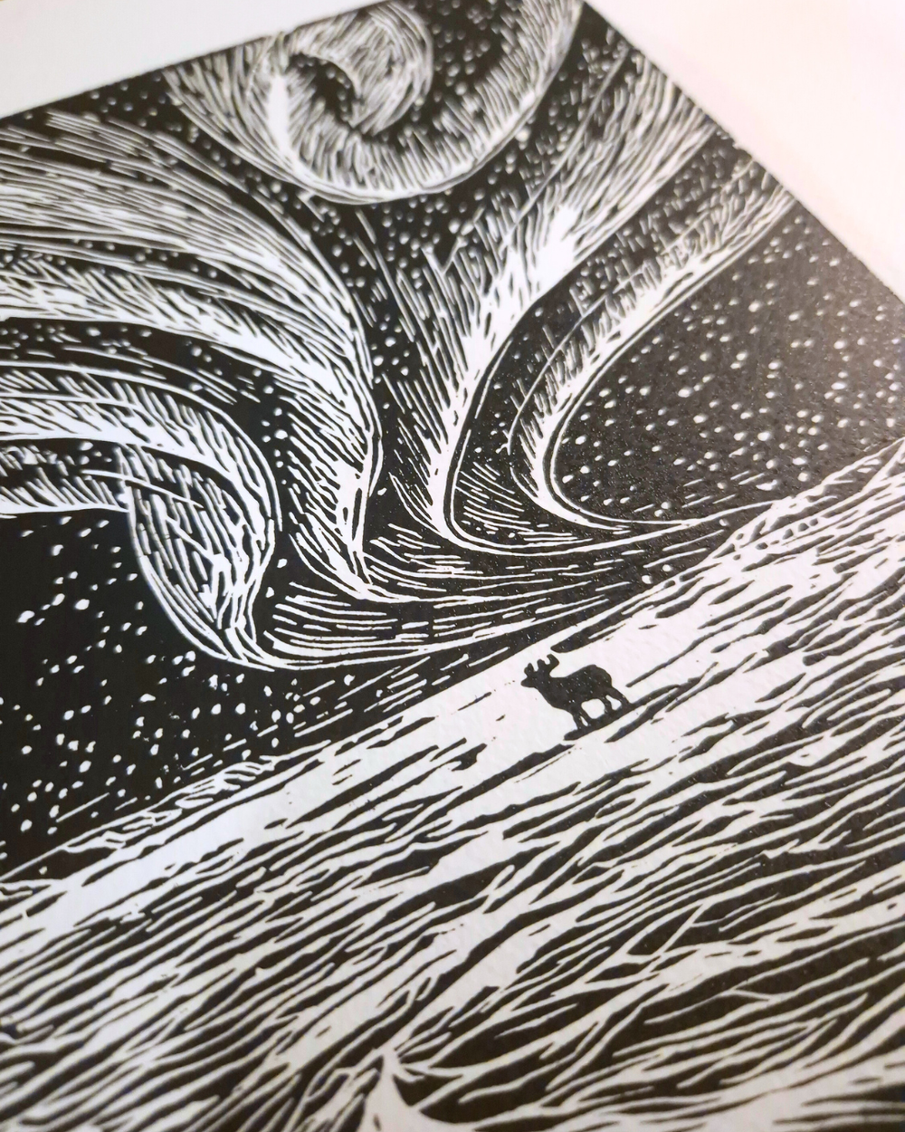 Ondes Boréales - linogravure hivernale