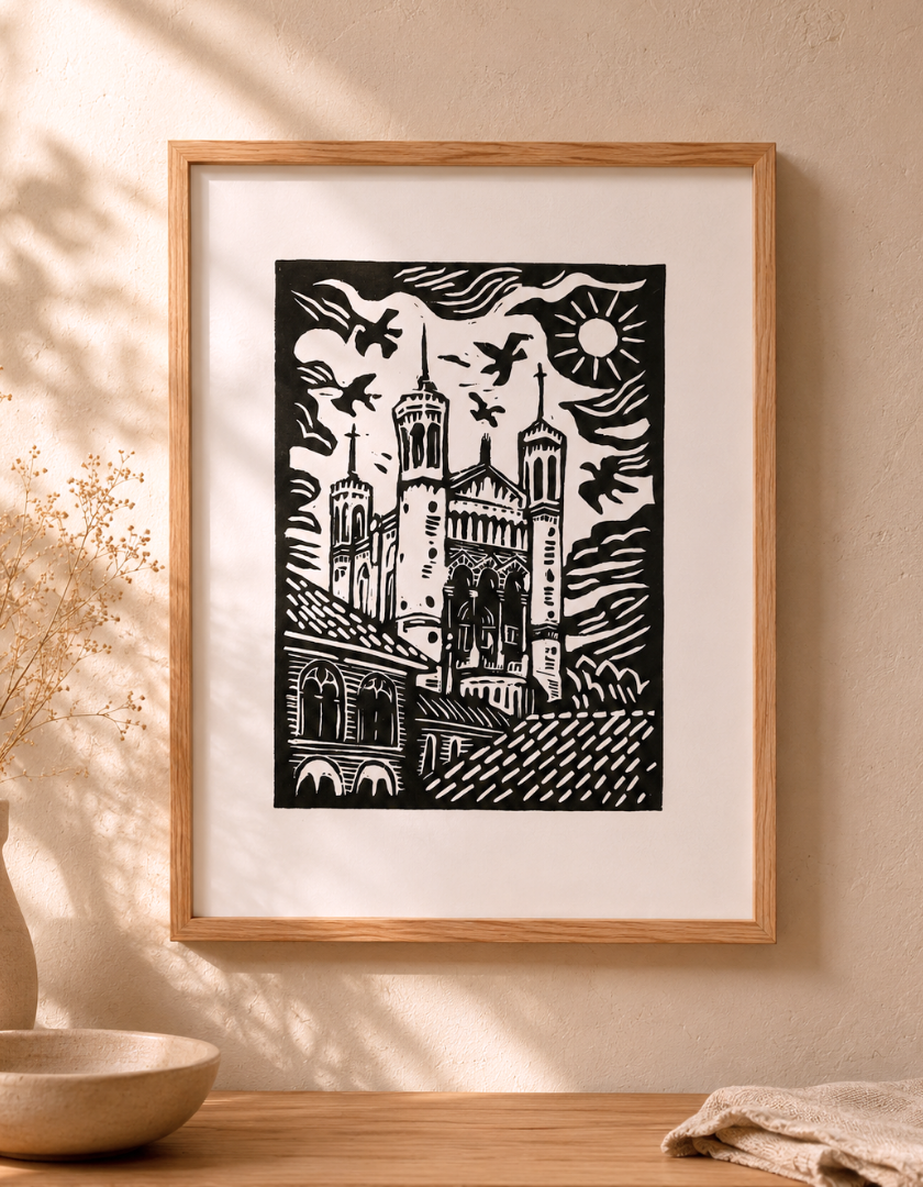 linogravure_fourviere_lyon_noir_et_blanc_encadree_estampes_de_minuit.png