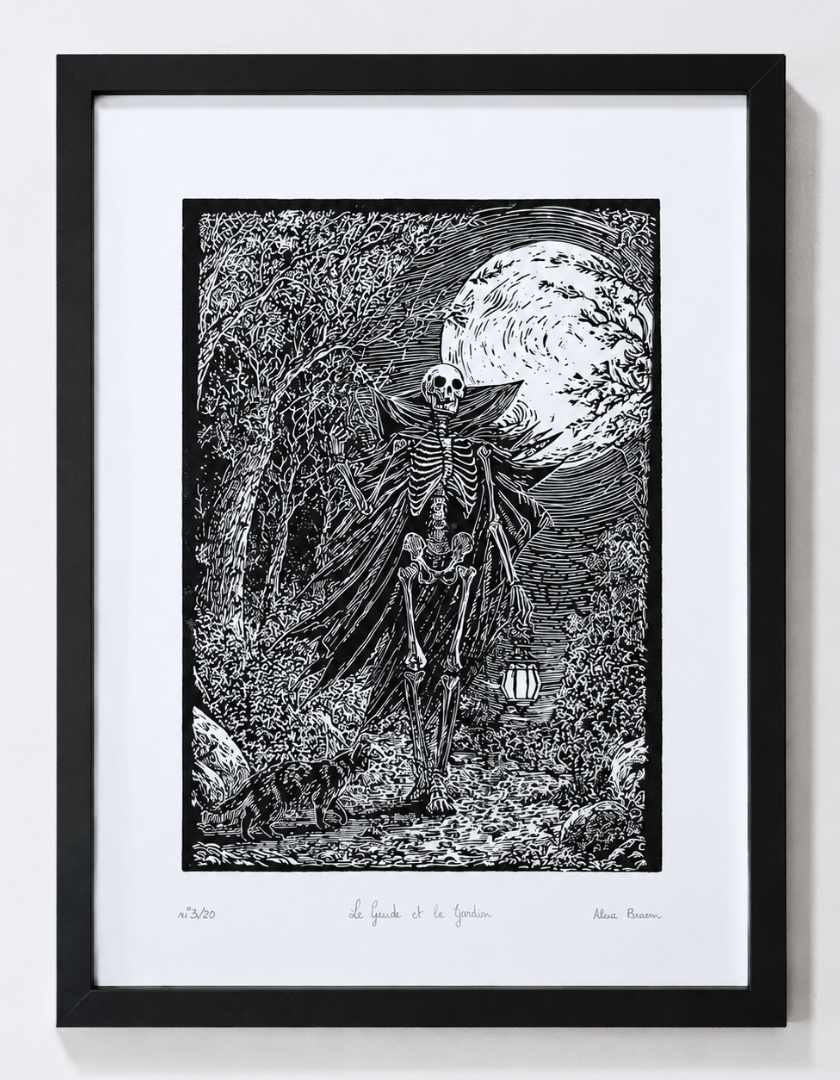 linogravure_Le_guide_et_le_gardien_estampes_de_minuit_cadre_noir.png