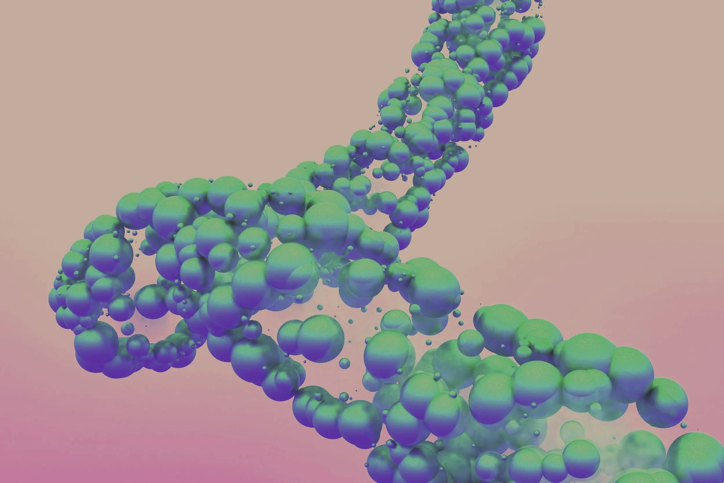 A digital illustration of a DNA double helix made up of blue and green spheres against a pink background.