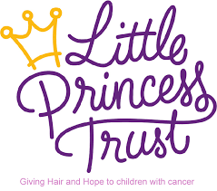 Logo with a gold crown and purple text that says 'Little Princess Trust' with a tagline 'Giving hair and hope to children with cancer' in pink.