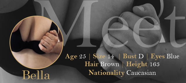 Profile photo of a woman in black lingerie, with personal details including age 25, size 14, bust D, blue eyes, brown hair, height 163 cm, Caucasian nationality, and named Bella.