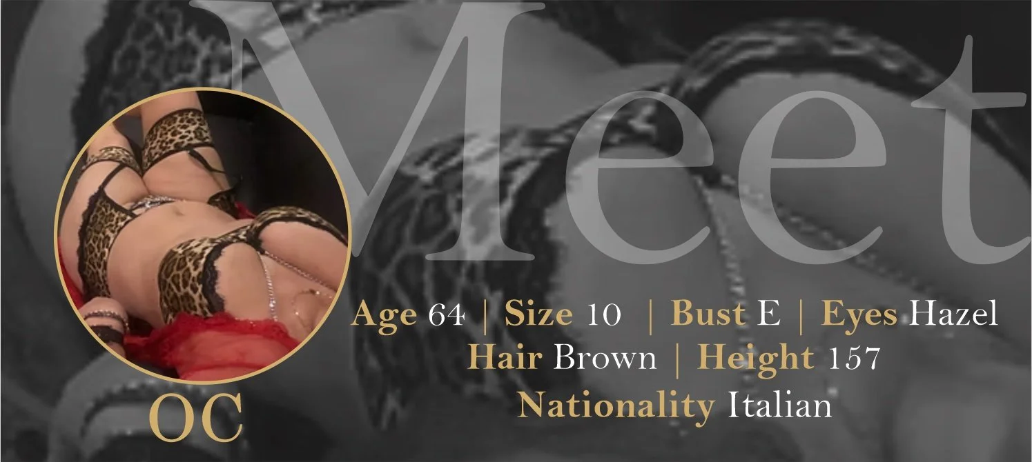 Profile picture of an older woman wearing leopard print lingerie and red lace clothing, with an overlay of personal details including age, height, hair color, eye color, body size, and nationality.