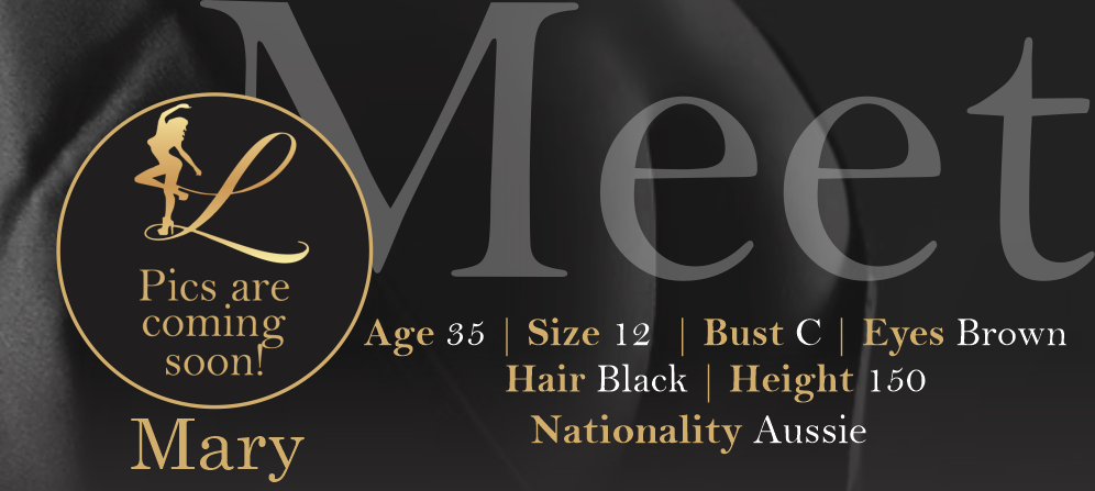 A profile of a woman with information about her age, size, bust, eyes, hair, height, and nationality over a dark background with the text 'Meet' and a circle logo that says 'Pics are coming soon!'