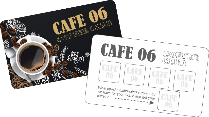 Coffee loyalty card design with a cup of coffee surrounded by coffee beans and decorative elements, and an example card with multiple stamps for a coffee club.