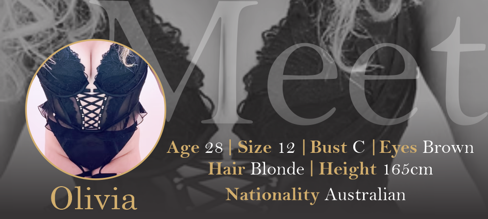 Profile card of Olivia, a 28-year-old woman, wearing black lace lingerie with crisscross lacing details. The background displays her name and personal details, including age, size, bust, eye color, hair color, height, and nationality (Australian).