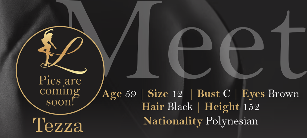 A digital silhouette profile of a woman with text info including age 59, size 12, bust C, brown eyes, black hair, height 152, nationality Polynesian, and a note that pictures are coming soon.