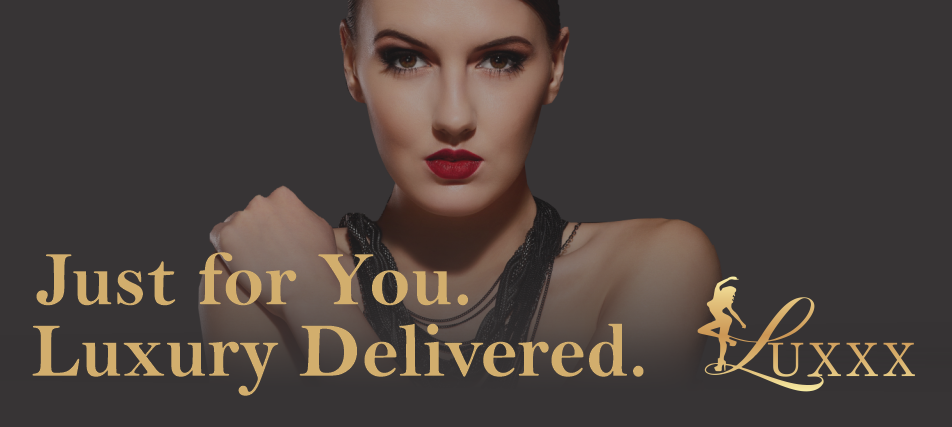 A woman with dark hair and red lipstick posing against a dark background, advertising luxury delivery services with the text 'Just for You. Luxury Delivered.' and a logo for Luxxx.