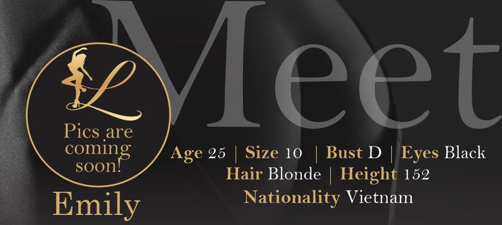 A digital profile card for a model named Emily, featuring a black and gold color scheme, with a circle logo on the left showing a stylized woman and the text "Pics are coming soon!" On the right, personal details include age 25, size 10, bust D, eyes black, hair blonde, height 152 cm, and nationality Vietnam.