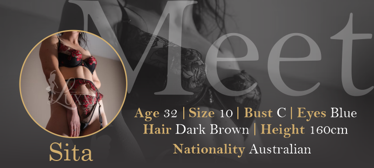 A profile overview of a woman named Sita, aged 32, wearing lingerie, with dark brown hair and blue eyes. She is 160 cm tall and from Australia.