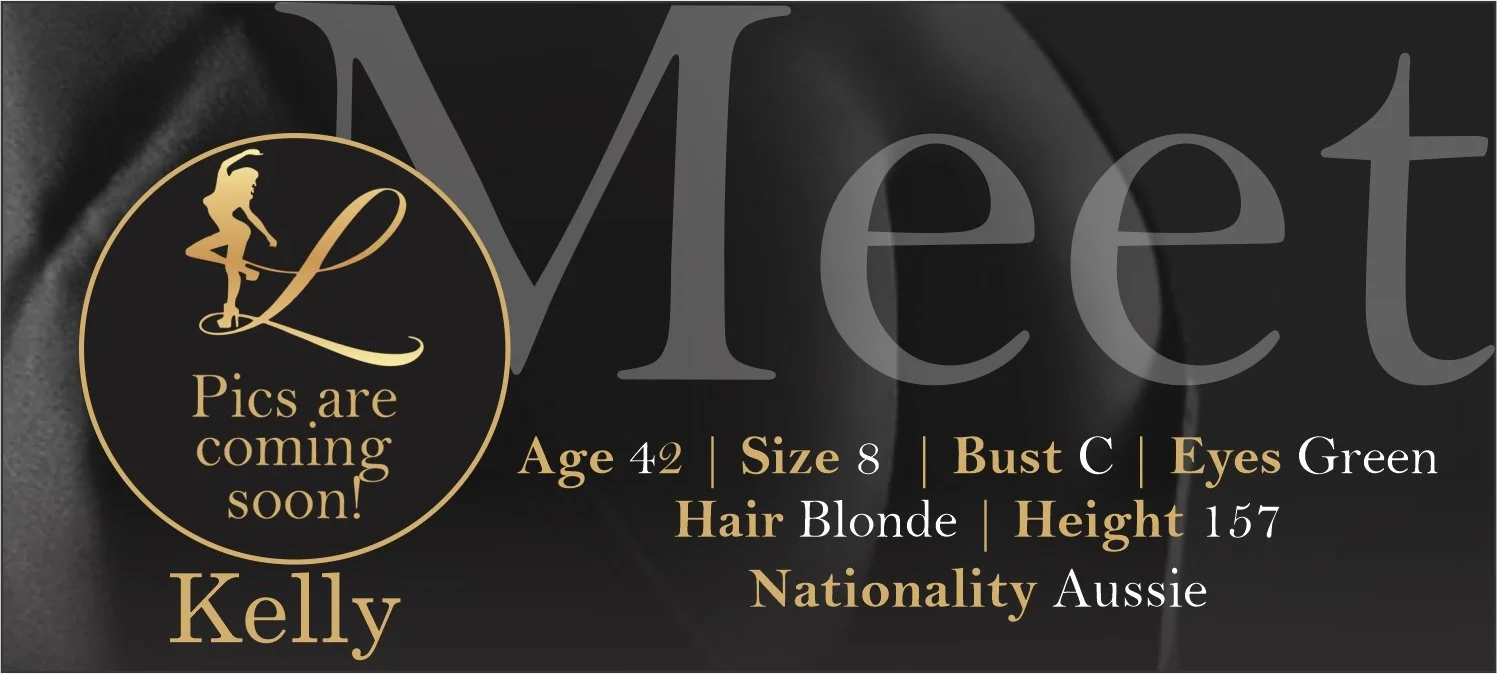 An announcement card with a gold and black circular logo featuring a girl in a dress and the text 'Pics are coming soon!' Below are personal details of a woman named Kelly, including her age 42, size 8, bust C, green eyes, blonde hair, height 157 cm, and Australian nationality.