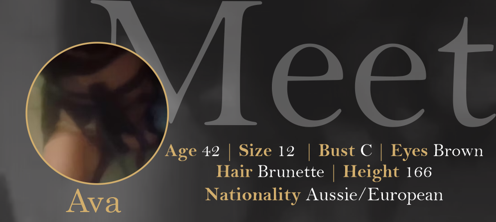 Profile card of a woman named Ava with blurred photo, showing age 42, size 12, bust C, brown eyes, brunette hair, height 166 cm, and Australian/European nationality.