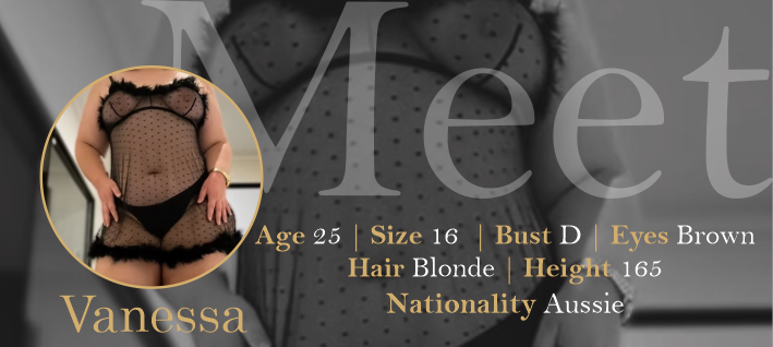 Profile shot of a woman named Vanessa, wearing black sheer lingerie, with her hand on her hip. Overlaid text provides personal details including age 25, size 16, bust D, brown eyes, blonde hair, height 165 cm, Australian nationality, and her name Vanessa.