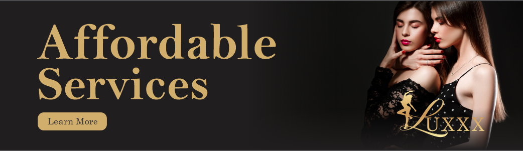 Two women with long dark hair and makeup, wearing black clothing, posing closely together against a dark background, with text promoting affordable services and a 'Learn More' button.