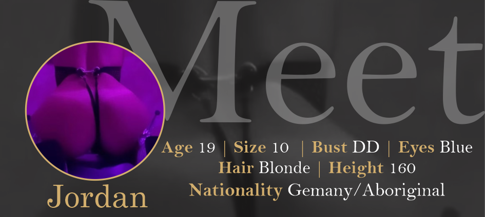 A digital profile with a circular photo showing a person's backside with purple lighting. Text displays details: age 19, size 10, bust DD, blue eyes, blonde hair, height 160 cm, nationality Germany/Aboriginal, name Jordan.