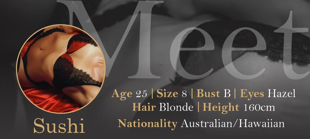 Profile card showing a woman in lingerie with details: age 25, size 8, bust B, hazel eyes, blond hair, height 160cm, Australian/Hawaiian nationality, named Sushi.